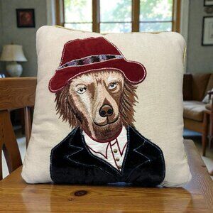 Vintage Pier 1 One Embroidered Throw Pillow Bear Blue Suit Red Hat Rare! Beige